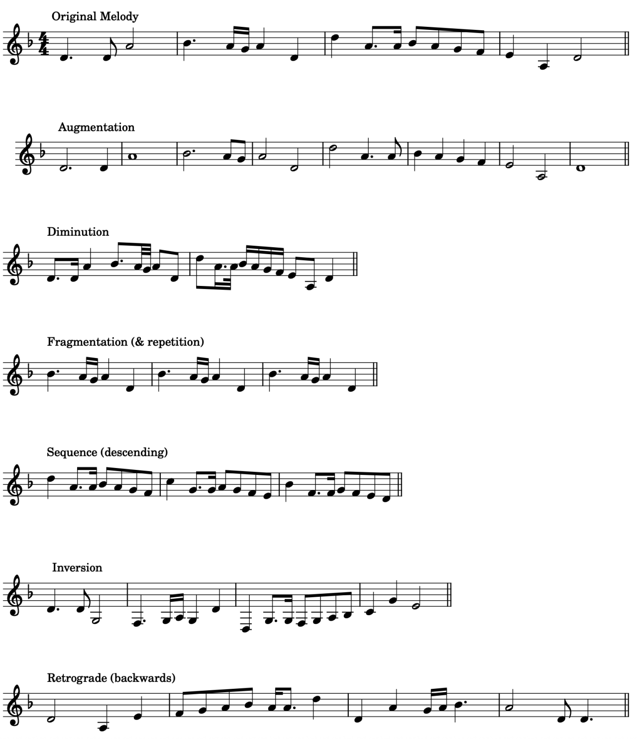 Music notation demonstrating melodic development techniques including original melody, augmentation, diminution, fragmentation, descending sequence, inversion, and retrograde for composition students